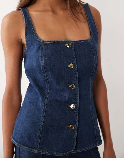 Good American - Top d'ensemble boutonné sans manches en denim - Bleu foncé délavé, 3 de 4