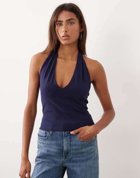 Good American - Top senza maniche in cotone super elasticizzato allacciato al collo blu navy - view 1