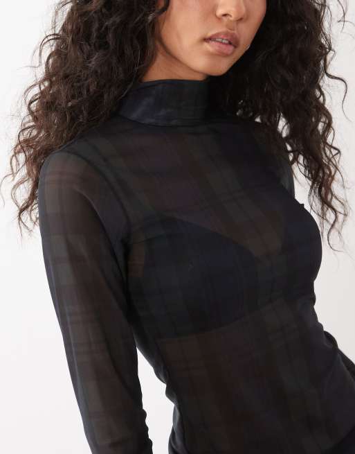 Good American turtleneck long sleeve mesh top set in tartan navy and green, 3 of 4
