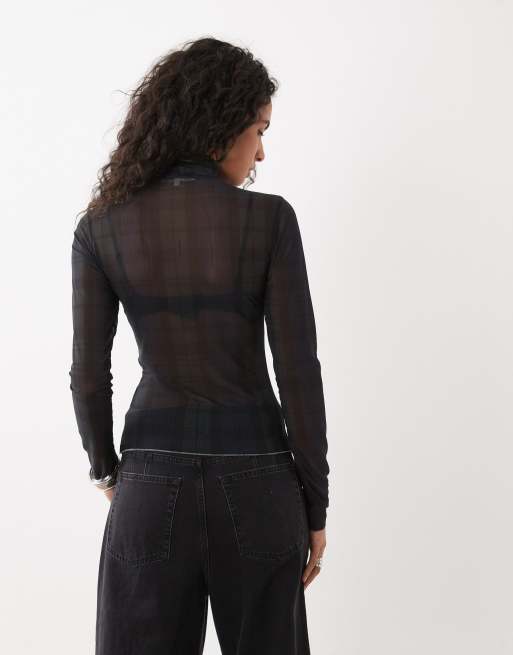 Good American turtleneck long sleeve mesh top set in tartan navy and green, 4 of 4