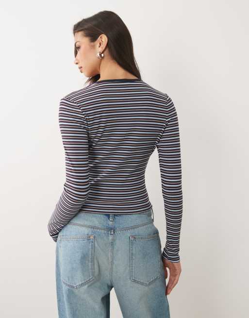 Good American v-neck button-down rib cardigan in multi stripe, 4 of 4