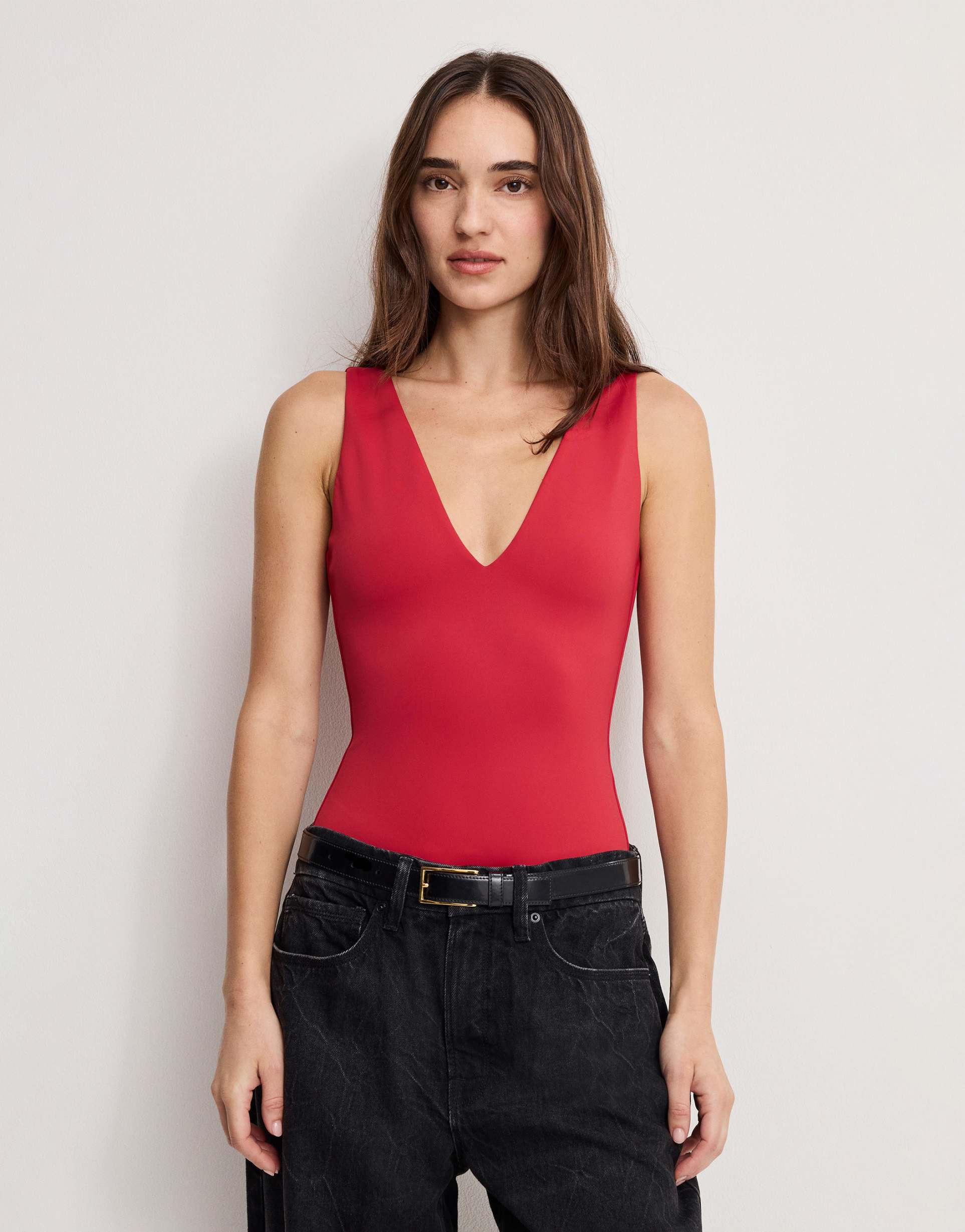 good american v-neck sculpting bodysuit in ruby red