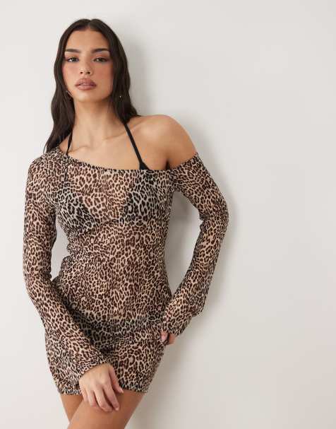 Good American - Vestito corto a maniche lunghe asimmetrico in rete con stampa leopardata - view 1