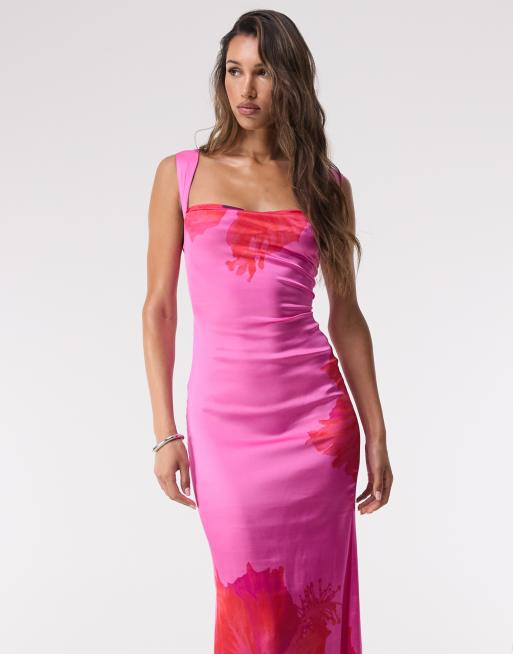 Good American - Vestito lungo in raso rosa con stampa di ibisco e allacciatura, 4 di 5