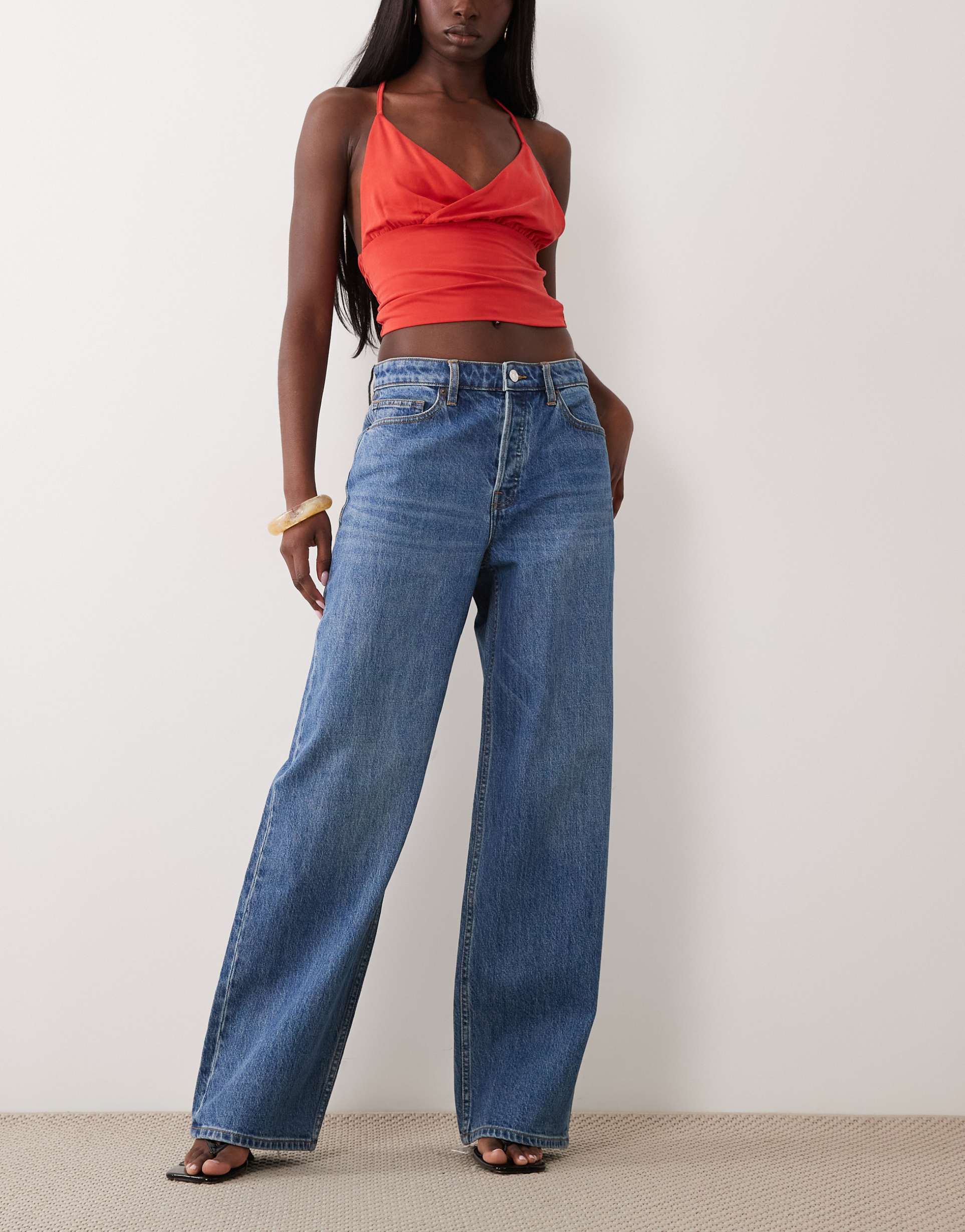good american vintage high waist wide leg jeans in mid blue wash