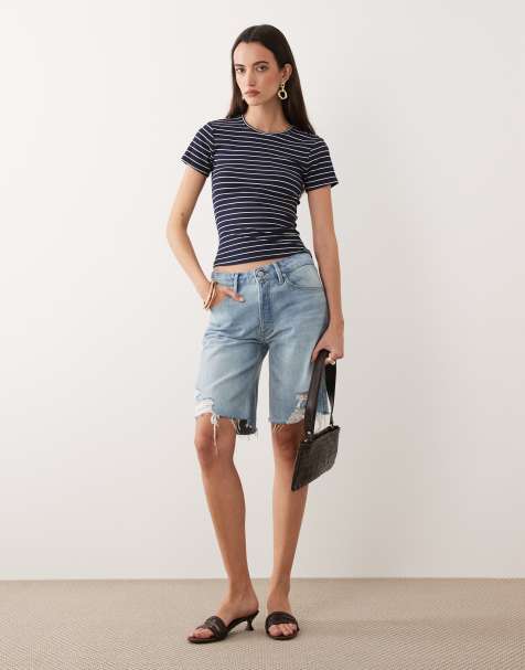 Good American vintage mid rise bermuda denim shorts in mid blue wash - view 1