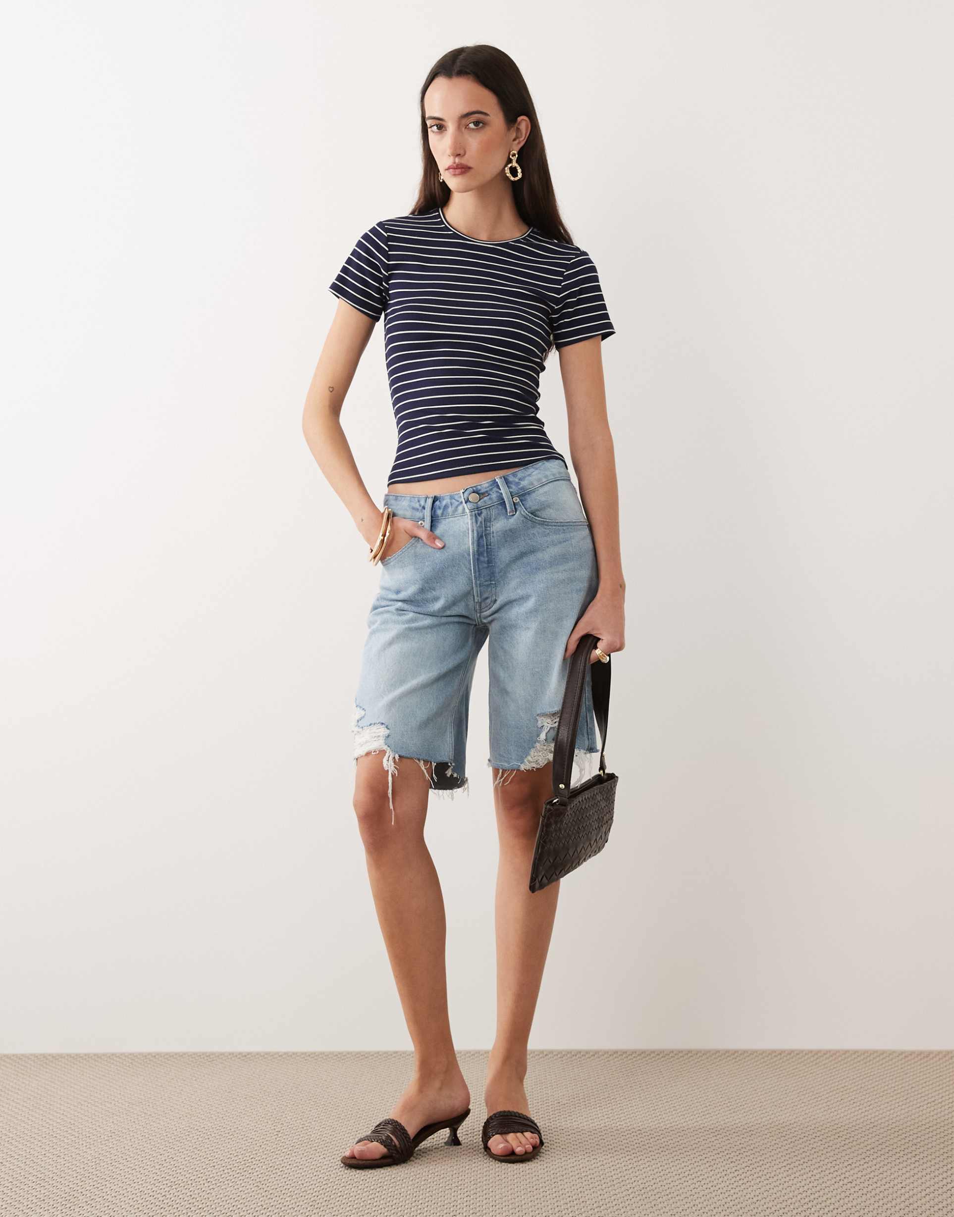 good american vintage mid rise bermuda denim shorts in mid blue wash