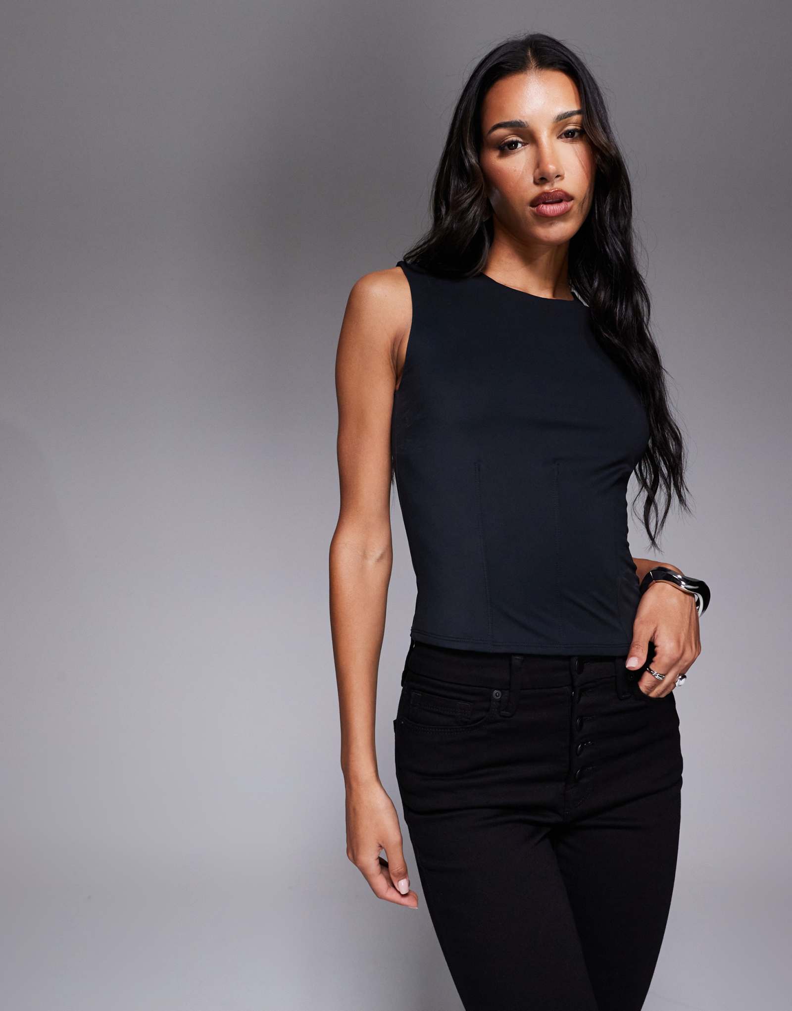 Хороший американский невесомый корсетный топ-майка черного цвета из ткани в стиле скуба