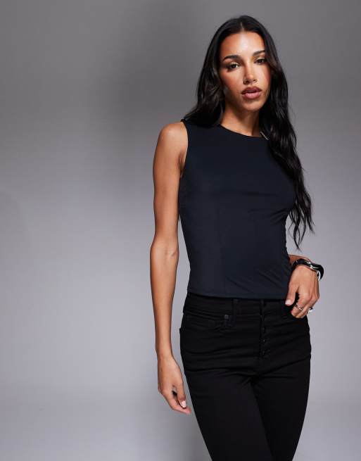 Good American weightless corset tank top in black in scuba-style fabric