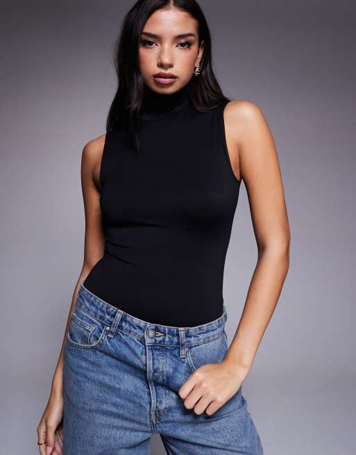 Good American weightless mock neck bodysuit in black in scuba-style fabric