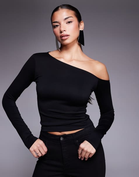 Good American weightless sculpted off shoulder long sleeve top in black - view 1