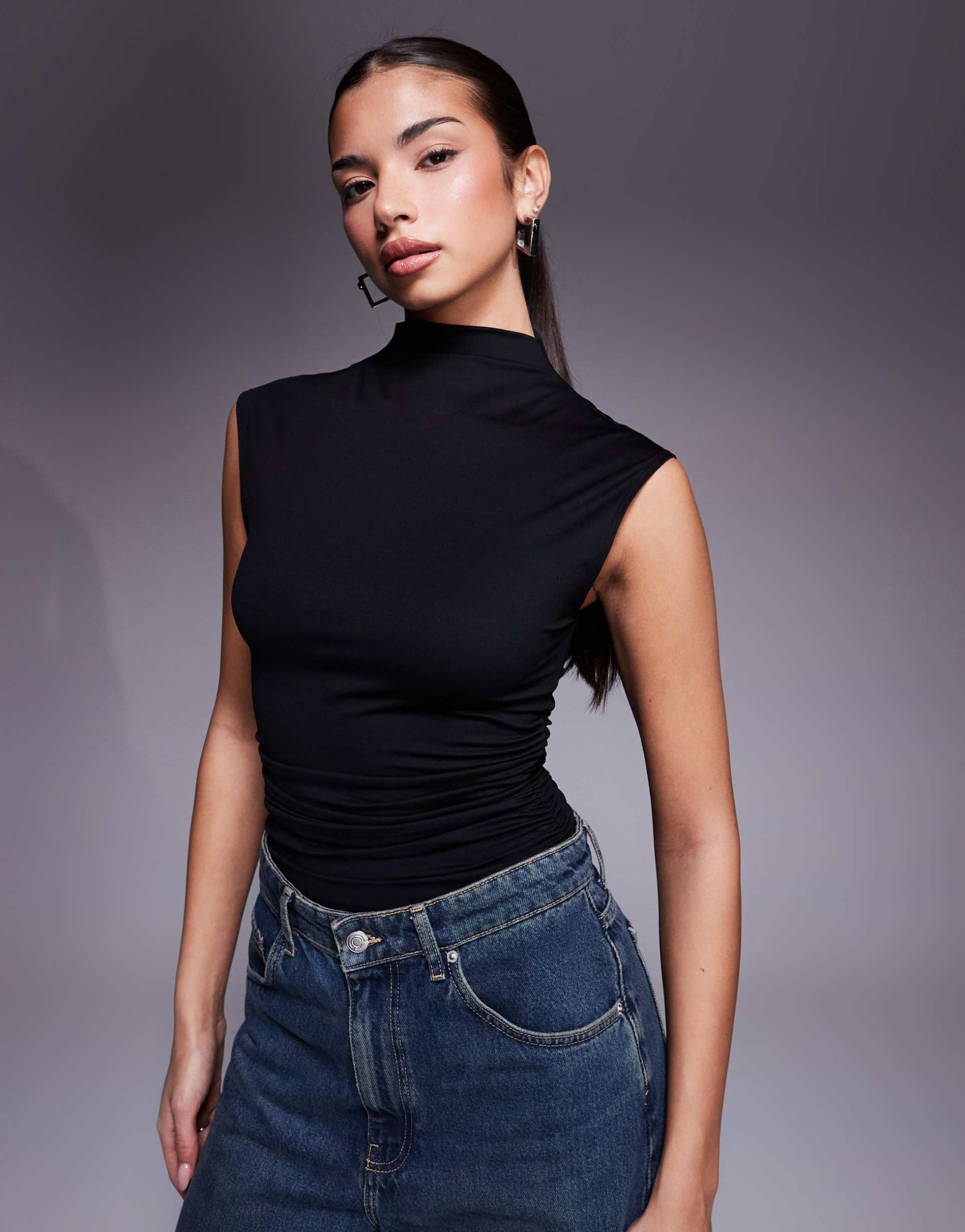 good american weightless sculpting sleeveless high neck bodysuit in black