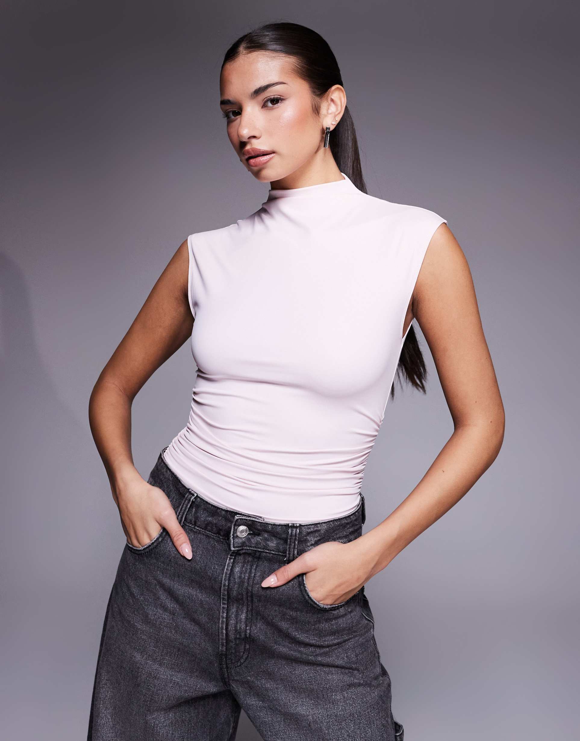 good american weightless sculpting sleeveless high neck bodysuit in pink