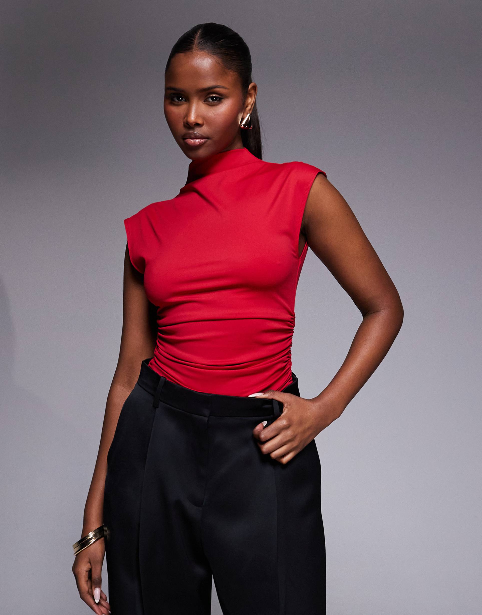 good american weightless sculpting sleeveless high neck bodysuit in red