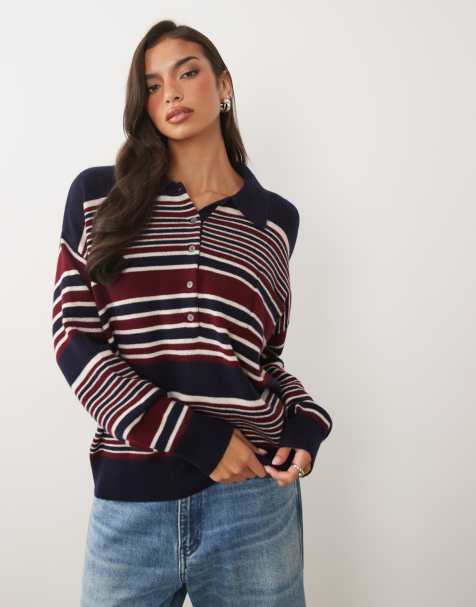 Good American wool oversized button down rugby sweater in navy and burgundy stripe - view 1