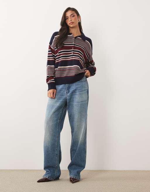 Good American wool oversized button down rugby sweater in navy and burgundy stripe, 2 of 4