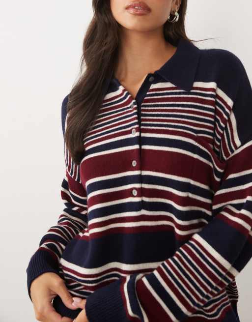 Good American wool oversized button down rugby sweater in navy and burgundy stripe, 3 of 4