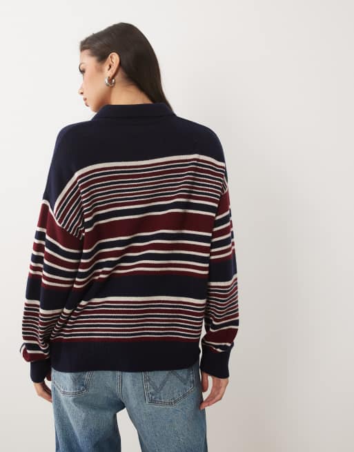 Good American wool oversized button down rugby sweater in navy and burgundy stripe, 4 of 4