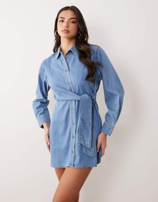 Good American wrap mini shirt dress in light blue wash denim, 2 of 4