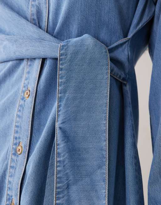 Good American wrap mini shirt dress in light blue wash denim, 4 of 4
