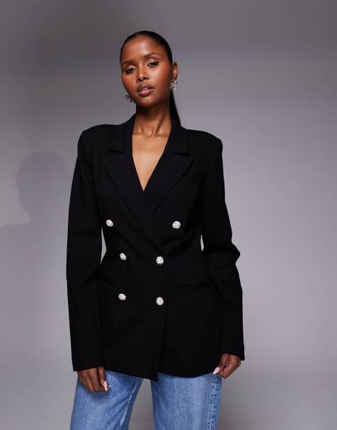 Good American x ASOS - Blazer doppiopetto in tessuto ponte nero - view 1