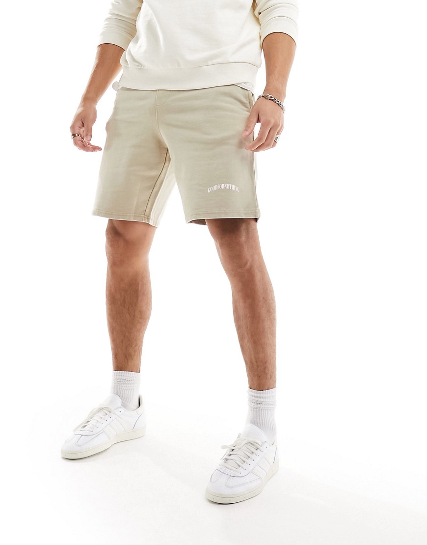 acid wash jersey shorts in beige with logo print-Neutral