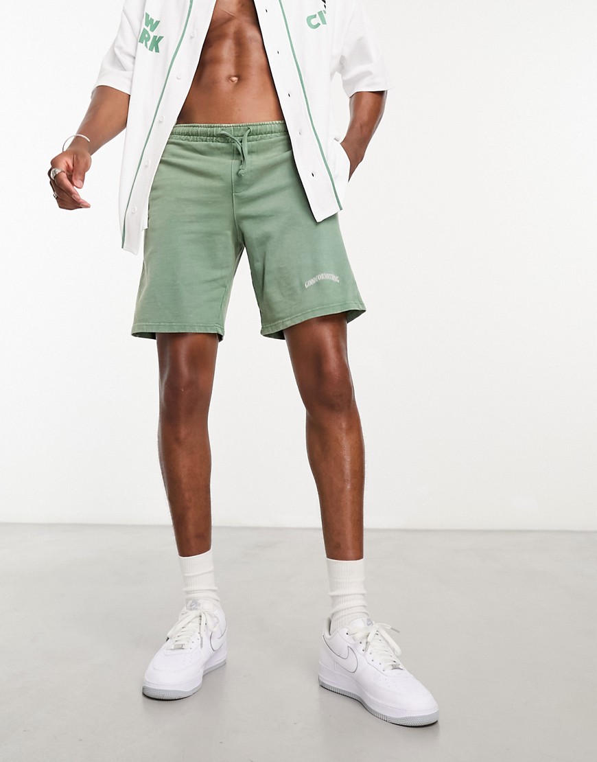 Good For Nothing Acid Wash Jersey Shorts In Khaki With Logo Print - Part Of A Set-green