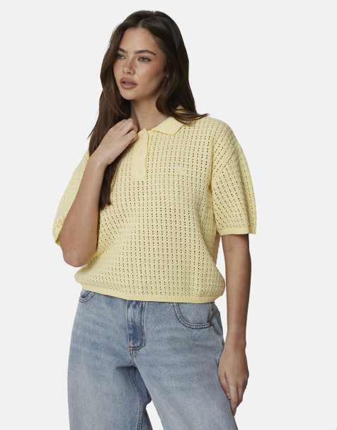 Good For Nothing - Ajourgebreid cropped poloshirt in geel - view 1