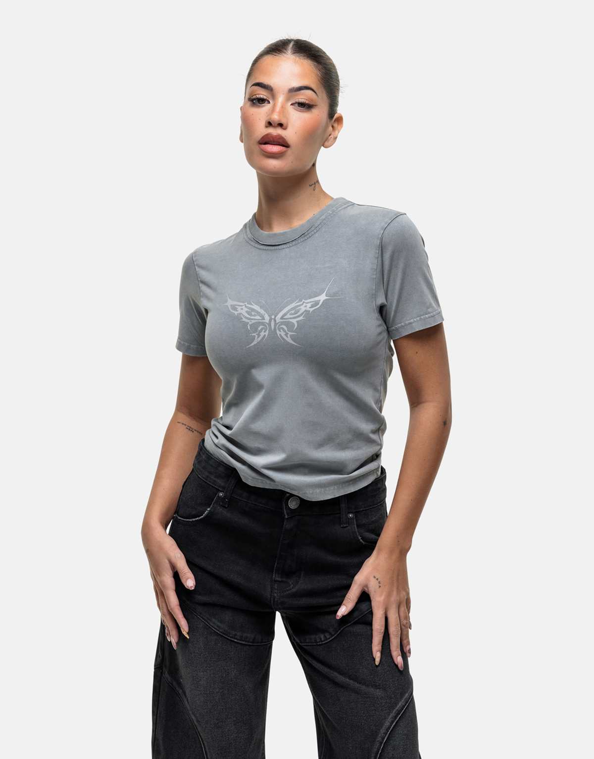 Good For Nothing baby tee with butterfly grunge print in washed grey