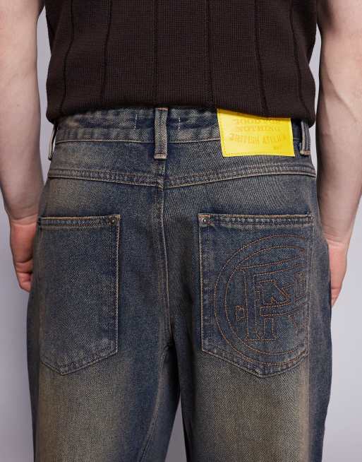 Good For Nothing baggy denim jeans in vintage darkwash blue with paint splatters, 4 of 5