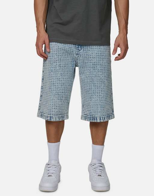 Good For Nothing - Baggy jacquard denim short in blauw met wassing, 3 van 4