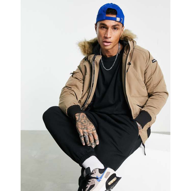 Good For Nothing bomber jacket in beige with fur hood ASOS