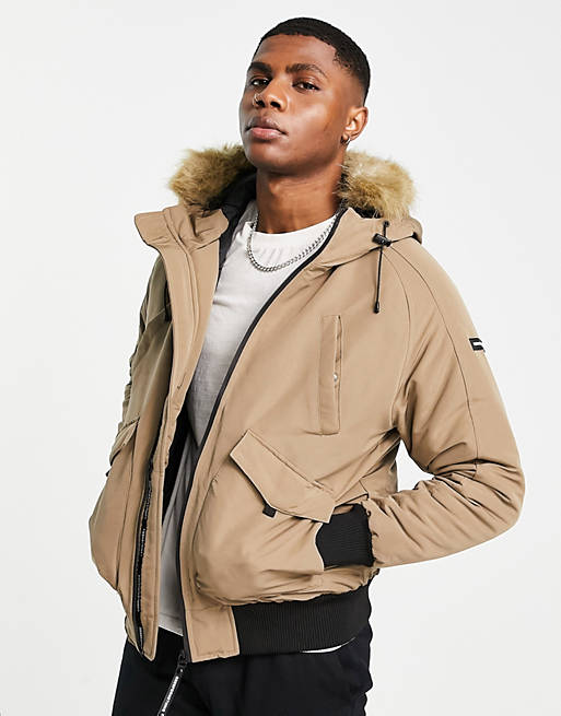 Good For Nothing bomber jacket in beige with fur hood