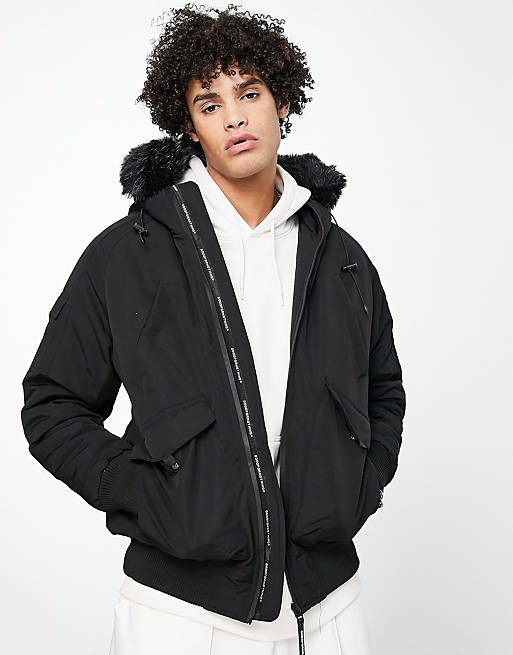 Good For Nothing bomber jacket in black with fur hood