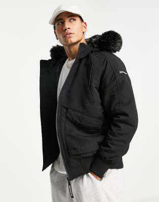 Good For Nothing bomber jacket in black with fur hood