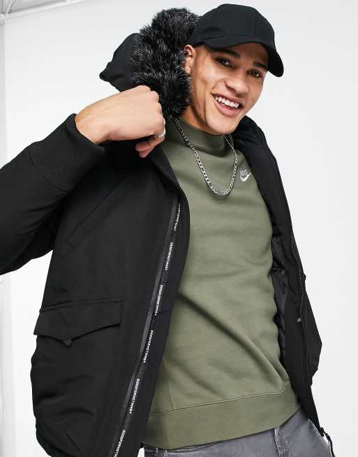 Good for nothing bomber jacket in black with faux fur collar clearance