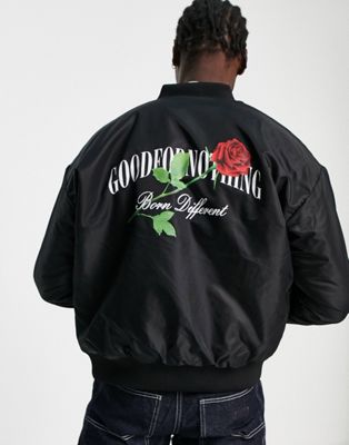 Good For Nothing bomber jacket in black with rose logo print