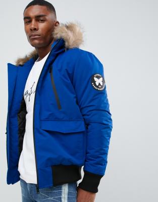 jacket with blue fur hood