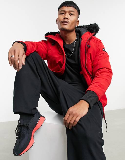 Red bomber jacket store with fur hood