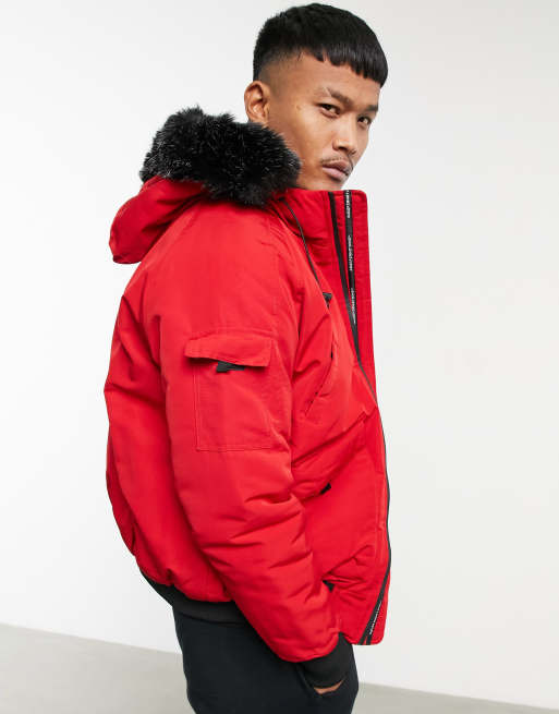 Red bomber jacket store with fur hood