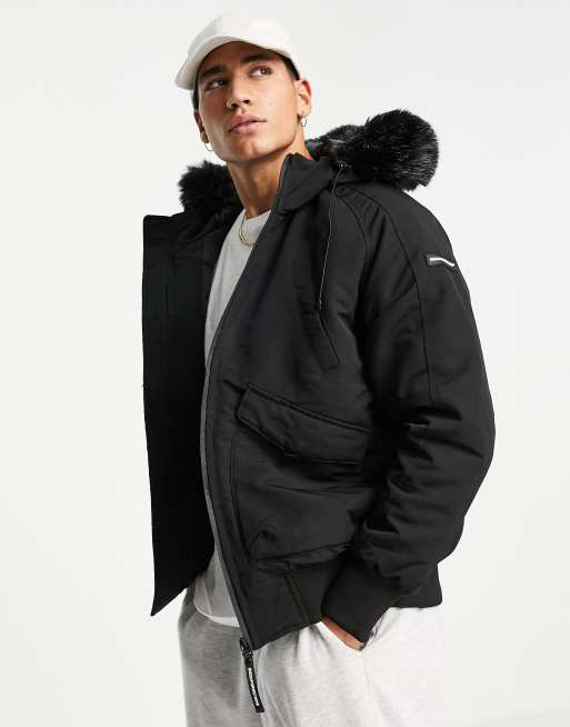 Good For Nothing - Bomber nero con cappuccio in pelliccia sintetica