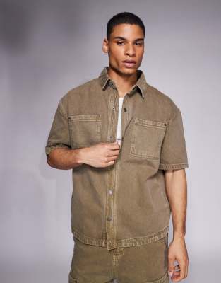 boxy fit denim overshirt in washed brown - part of a set