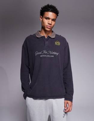 Good For Nothing Good For Nothing boxy long sleeve polo in black with constrast collar