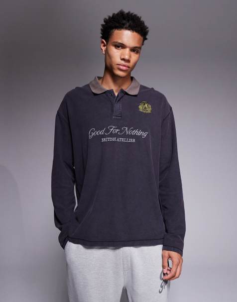 Good For Nothing boxy long sleeve polo in black with constrast collar