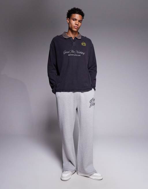Good For Nothing boxy oversized long sleeve polo in black with constrast collar, 2 of 5