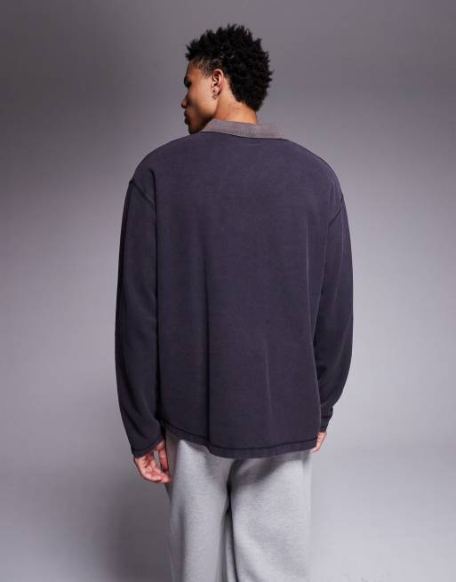 Good For Nothing boxy oversized long sleeve polo in black with constrast collar, 3 of 5
