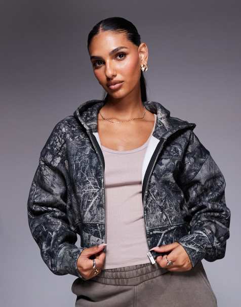 Good For Nothing Camo cropped zip through hoodie in khaki - view 1