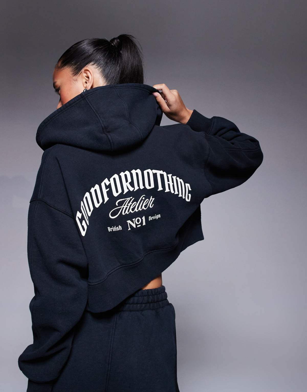 Good For Nothing co-ord cropped zipped hoodie with logo back print in off black