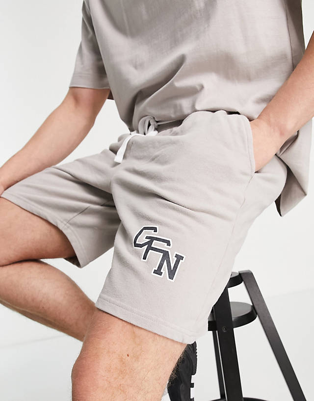 Good For Nothing - co-ord jersey shorts in stone grey with varsity logo print
