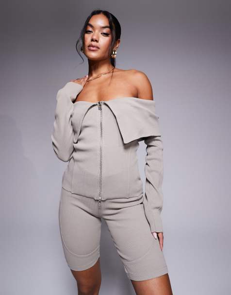 Good For Nothing co-ord long sleeve ribbed top in beige - view 1